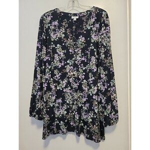 J Jill Black Purple Green Floral Knit Button Front Top Long Sleeves 2X